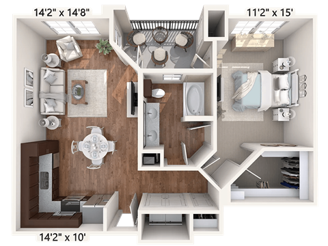 Floor plan for 1 bed, 1 bath, 791 sqft